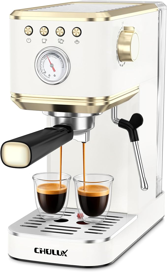 CHULUX Slim Espresso Machine with Milk Frother, 20 Bar Professional Italian Pump Espresso Coffee Machine for Home Cappuccino & Latte Maker, Stainless Steel, White and Gold