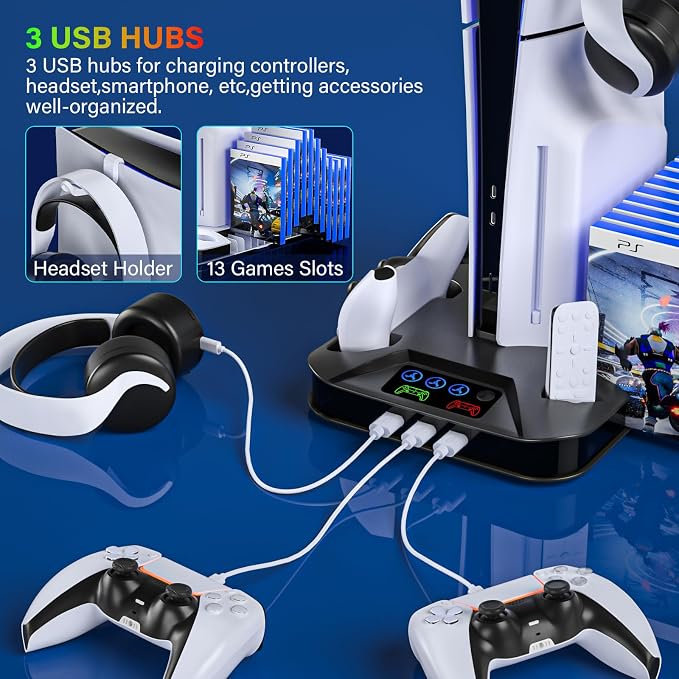 Cooling Station Console for Playstation PS5/Slim/Pro, Stand with Controller Charging Station for Playstation Console Playstation 5 Slim&Standard Disc/Digital Console, Cooler Accessories for PS5 Incl Cooling Fan/3 USB Hubs