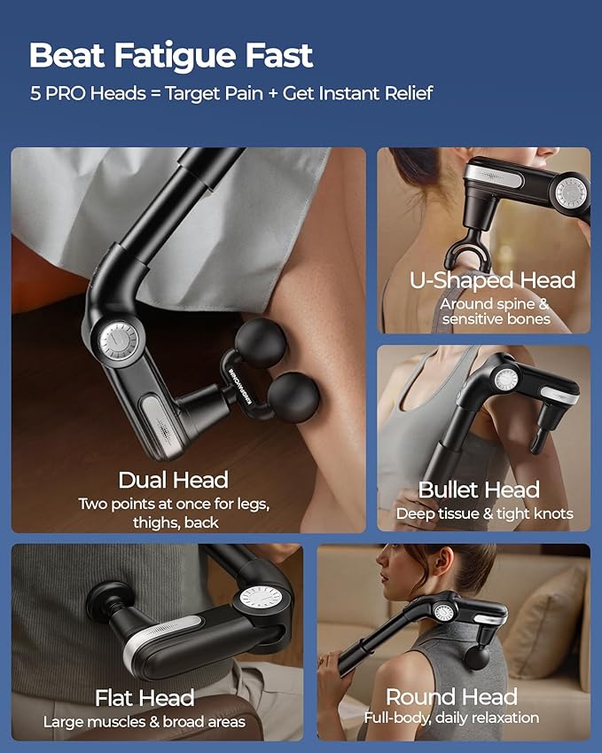 KingPavonini Foldable Massage Gun with Dual-Ball Head, Adjustable Head & Extendable Handle, Handheld Back Massage Gun Deep Tissue for Pain Relief, Portable Percussion Massager Gun, Gift for Men Women