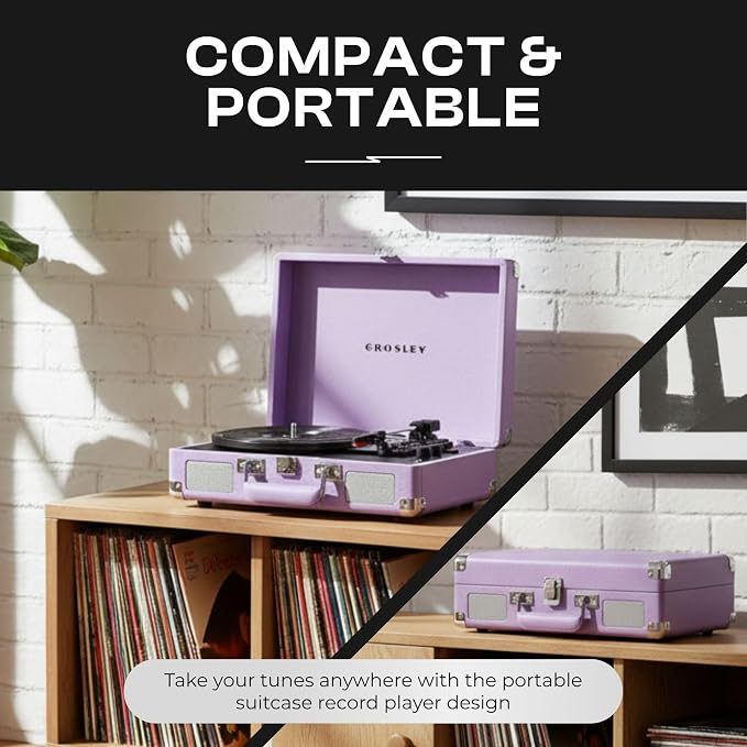 Crosley CR8005F-LN Cruiser Plus Vintage 3-Speed Bluetooth in/Out Suitcase Vinyl Record Player Turntable, Lavender