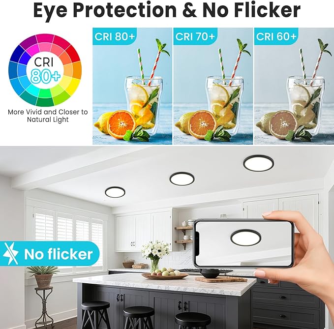 libtit 7 inch Flush Mount LED Ceiling Light Fixture, 3000K-6500K Adjustable, 15W 1500lm Black Satin Round Ceiling Lamp for Bathroom Hallway Kitchen Bedroom, 2 Pack
