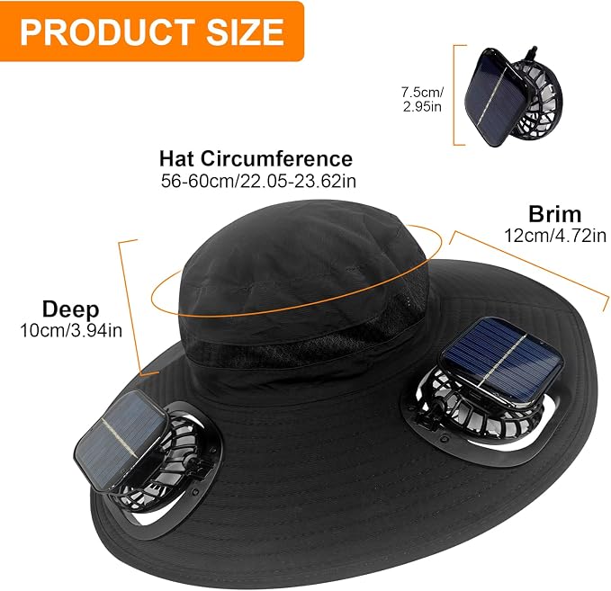 Solar Fan Hat Wide Brim Sun Hat with 2 Solar Fan, Solar Powered & USB Charging Hat Fishing Hat with Fan for Men