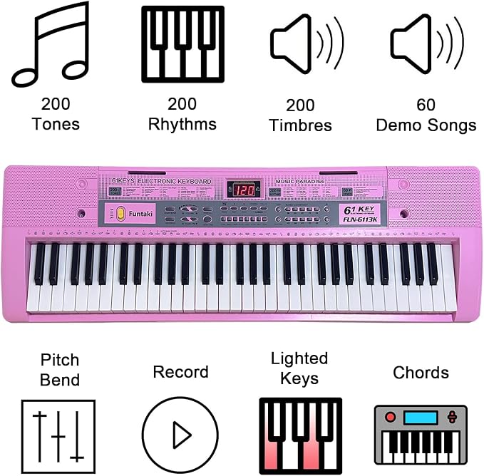61 Key Electronic Keyboard Piano with Lighted Up Keys, Musical Mini Keyboard Piano with keyboard stand, Digital Portable Synthesizer Keyboards for Beginners Kids Adults (pink)