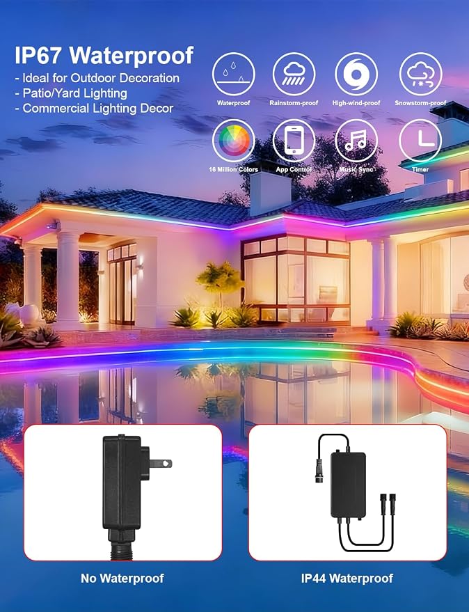 80ft/24m COB LED Strip Lights Outdoor, Smart RGB IC IP67 Waterproof Dimmable Color Changing Tape Light with App Remote Control & Music Sync, for Eave, Patio, Pool & Party Darden Decorations(2 Rolls)