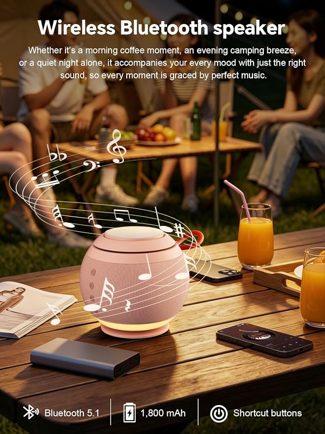 5 in 1 Wireless Charging Station with Bluetooth Speaker and Night Light, Magnetic Fast Charger Stand for iOS Phones, Smartwatch and Wireless Earbuds, Bedside Charging Station, Pink