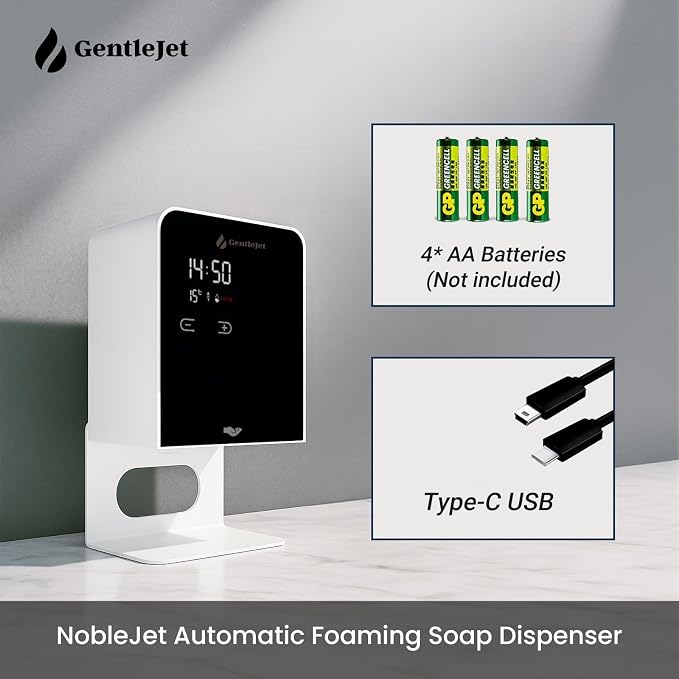 GentleJet NobleJet Automatic Foaming Soap Dispenser Touchless Sensor, LED Display, 5 Foam Levels, Wall Mount or Countertop, Rechargable USB-C or Battery Powered, Aluminum Alloy, 480 ml Refillable