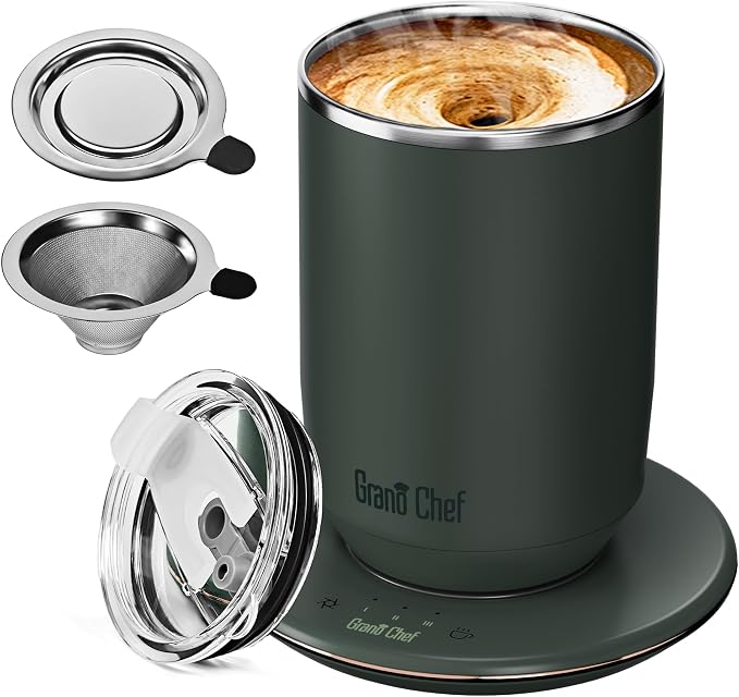 Self-Heating Coffee Mug, Coffee Mug with Self Stirring&Fast Heating, 10oz Temperature Controlled Coffee Cup Warmer, Heated for Tea/Coffee at Office/Kitchen/Travel, with Reusable Coffee Dripper, Green
