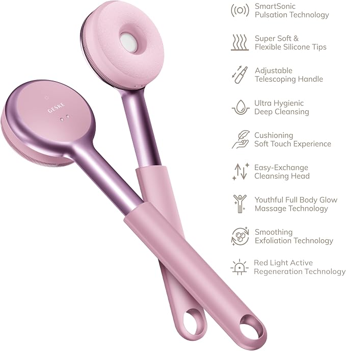 GESKE LED Sonic Full-Body Brush | 9 in 1 | Body Cleansing Brush & Intensive Exfoliator with LED | with SmartSonic Pulsations | Expert Deep Cleansing & Massage | Rough Skin Remover | Adjustable Handle