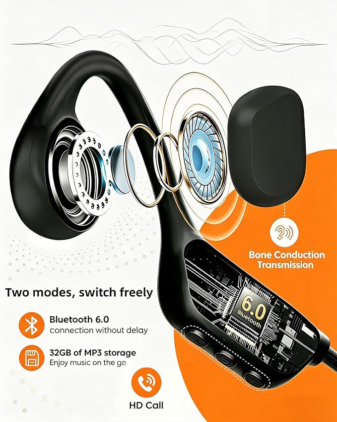 Bone Conduction Headphones, IPX8 Waterproof Swimming Headphones, Open Ear Headphones with MP3 Mode 32GB Memory Up to 10 Hours Playtime, Bluetooth 6.0 Ear Buds Secure Fit for Running and Fitness