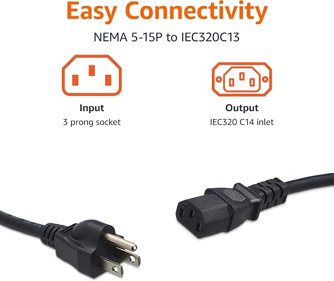 Amazon Basics PC Power Cord for Monitor, Computer, TV, 3 Prong, 18 AWG, 125 Volts, 6 feet, Black, 20-Pack, UL Listed