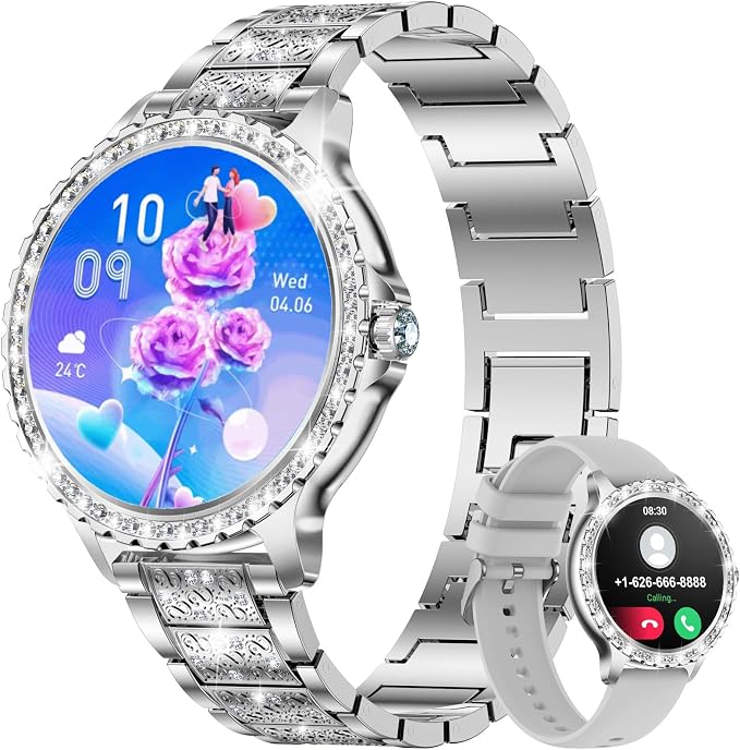LIGE Smart Watch for Women(Answer/Make Calls),1.3" HD Diamonds Luxury Smartwatch for Android iPhone Phones,Fitness Trackers with 20+ Sport Modes/HR/IP68 Waterproof/SpO2/Sleep Monitor/Pedometer,Silver