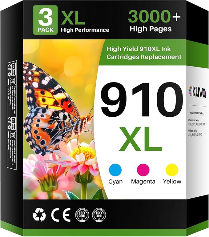 Kuva 910XL Color Ink Cartridges for HP Printers Compatible for HP 910XL 910 XL Ink Cartridges Combo Pack for OfficeJet Pro 8020 8025 8028 8010 8015 8022 Series Printers (3 Packs, Cyan Magenta Yellow)