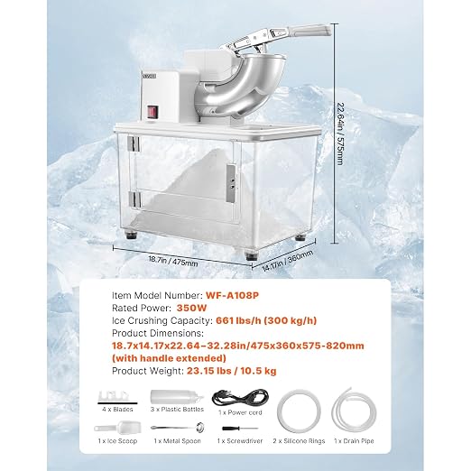 VEVOR 110V Commercial Ice Crusher 661LBS/H, ETL Approved 300W Electric Snow Cone Machine with Dual Blades, Stainless Steel Shaved Ice Machine with Safety On/Off Switch for Family, Restaurants, Bars