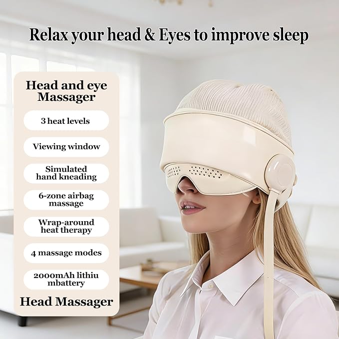 Head Massager with Heat,Head Massager for Headaches,Electric Rechargeable Head and Eye Massage Tool,6 Airbag Massage Zones,3 Heat Levels,4 Massage Modes