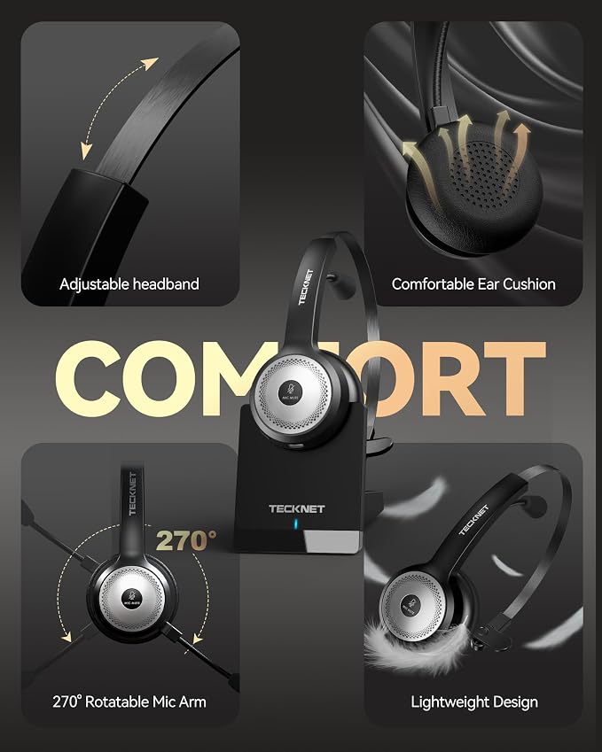 TECKNET Wireless Headset for Work, 45Hrs Worktime AI Noise Cancelling Computer Headphones with Charging Base, Bluetooth Headset with Mic & USB Dongle for PC/Laptop/Call Center