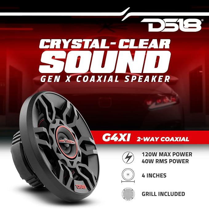 DS18 G4Xi GEN-X 4" 2-Way Coaxial Speakers 120 Watts Max Power 4-Ohm with Mylar Balanced Dome Tweeters - Full Range Car Replacement Speaker - Grill Included - 2 Speakers
