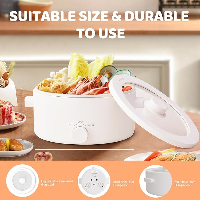 Hot Pot Electric, 3L Portable Electric Pot with Ceramic Non-stick Coating, Dual Power Multi-functional Romen Cooker for Steak, Pasta, Hot Pot, Ramen (Ceramic (inner surface), White)
