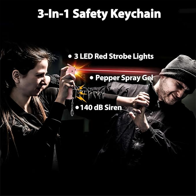 3-in-1 Pepper Spray Personal Alarm, 140dB Siren 3 Strobe, College Student Dorms Campus, Easy One Hand Operation, 12ft 25 Bursts 12 Seconds UV Marking Dye Gel, Rechargeable, Young Women Safety Keychain