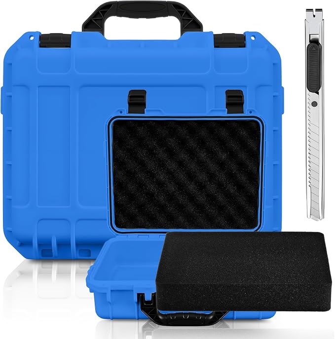 Relaxweex 1 Pcs Waterproof Hard Case with DIY Customizable Foam Insert Portable Protective Case with Knife for Camera Drones Equipments Tools Test Instruments(Blue,11.3 x 8.7 x 4.2 Inch)