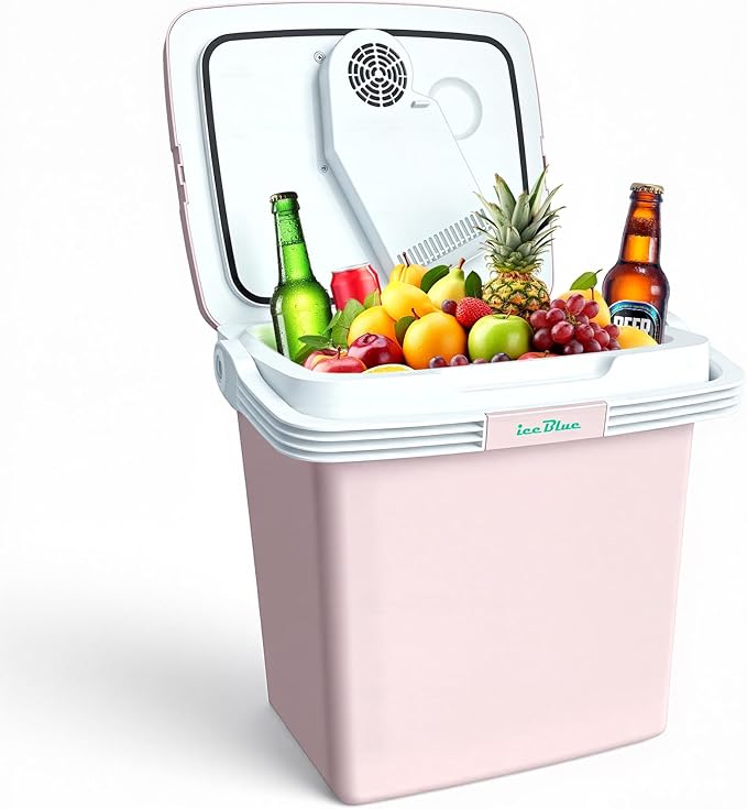 Iceblue Electric Cooler, 26 Liters/28 Cans Mini Fridge with Automatic Locking Handle, 120V AC Home Power Cord & 12V Car Adapter Car Refrigerator, Car Fridge for Home, Car, Gift - Pink