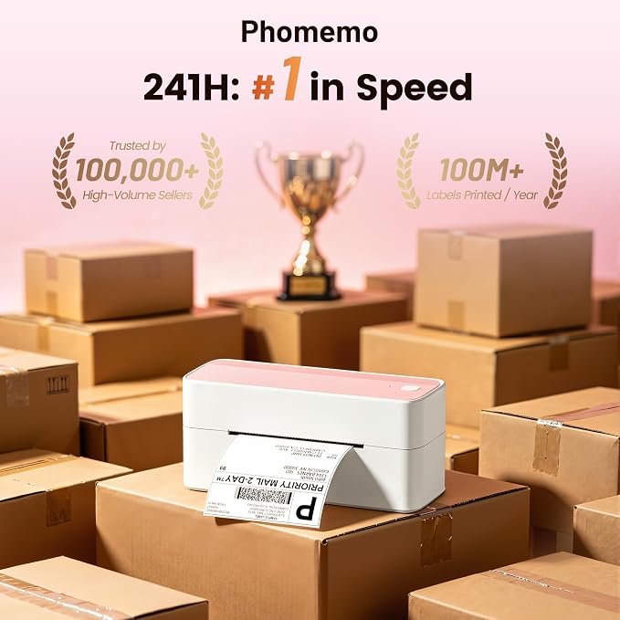 Phomemo High-Speed Shipping Label Printer 220mm/s - 4X6 Wireless Thermal Label Printer for Small Business, Compatible with iPhone, Android, Shopify, Amazon, USPS, Pink