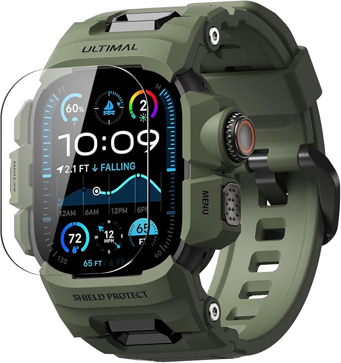 ULTIMAL Rugged Case with Band for Apple Watch 49mm,Compatible with Apple Watch Ultra 3/2/1, Military Grade Shockproof Bumper Cover for iWatch Tactical Band Men (49mm,Green)