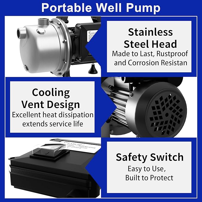 LANCHEZ Shallow Well Pump, Stainless Steel Garden Irrigation Pump, 115V Water Transfer Pump, Water Booster Jet Pump for Home Garden Lawn Farm, Black