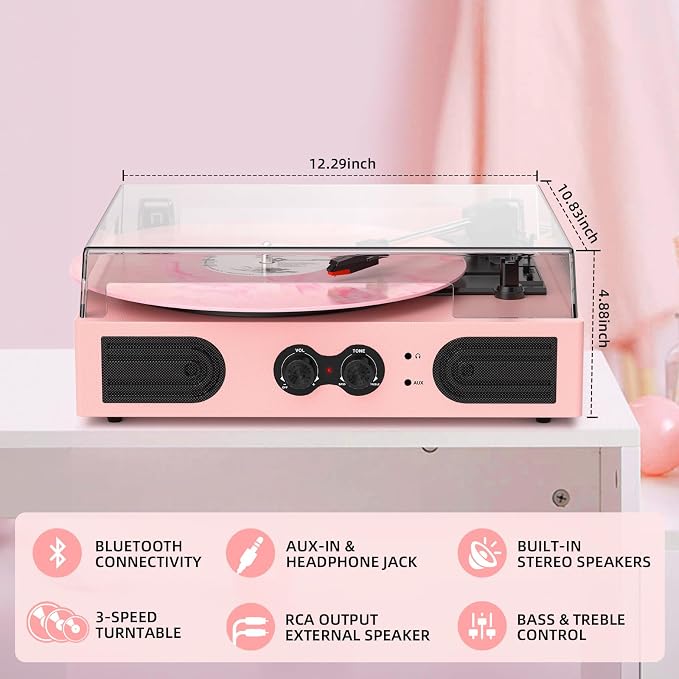 Vinyl Record Player with Built-in Speakers 3-Speed Vintage Record Player Support Treble& Bass Control, 3.5mm Headphone Jack, RCA-Out/Aux in, Belt-Driven LP Turntable,Pink