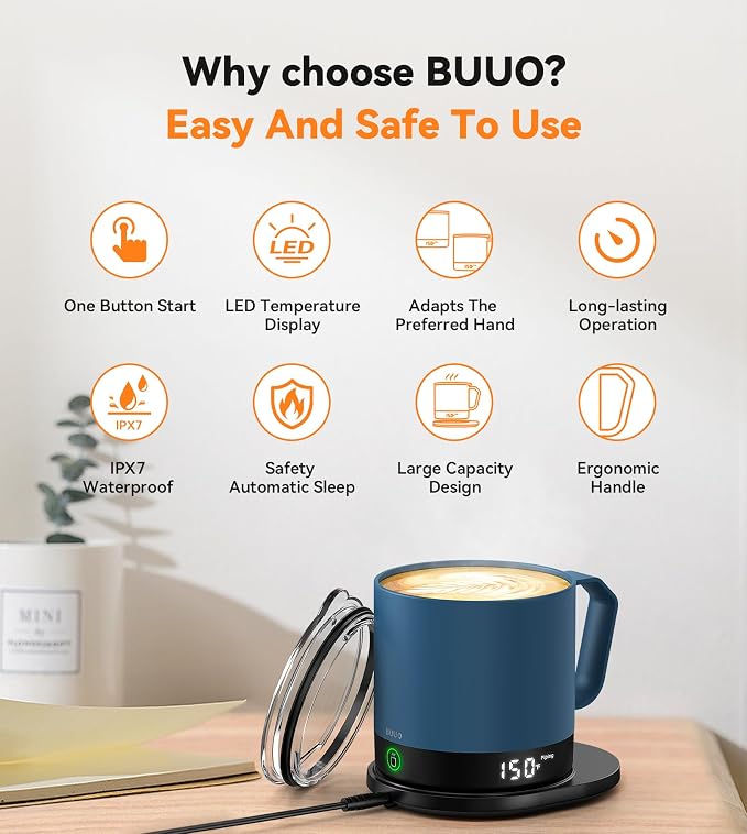 Heated Coffee Mug 14oz, Rechargeable Temperature Control Mug with Lid