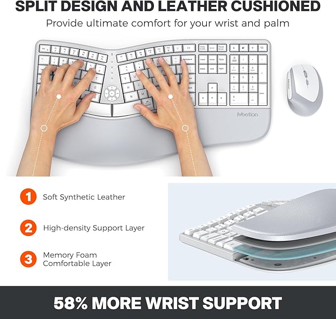 MEETION Ergonomic Keyboard and Mouse, Wireless Keyboard with Vertical Mouse, Split Curved Keyboard with Wrist Rest, Natural Typing Full Size for Windows/Mac/PC/Laptop, Gray