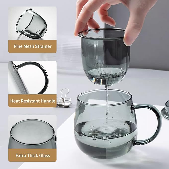 DOPUDO Glass Tea Cup with Infuser and Lid, 17.6oz/520ml Large Borosilicate Teacup & Coffee Mug Warmer with Auto Shut Off, 3 Temperature Settings