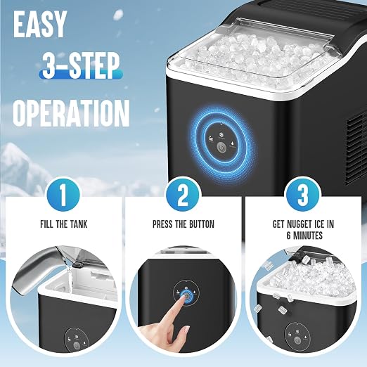 Nugget Ice Maker Countertop, Pebble Ice Maker in 6 Mins,26.5 LBS/Day, Self-Cleaning, FLASHCHILL™, Compact Portable Design, Ice Machine for Home, Kitchen, Office & Party
