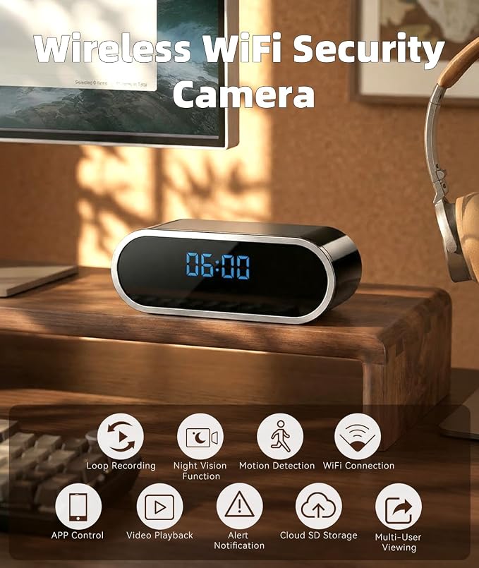 Wireless WiFi Indoor Security Camera with Clock for Home with App Control, Motion Detection, 150° Outdoor Camera with Night Vision & Loop Recording for Office/Shop/Pet/Garage,User-Friendly