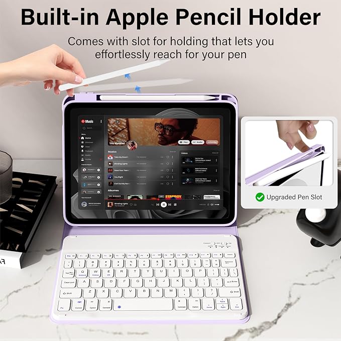 Keyboard for iPad 11th Gen, 11/10.9inch iPad Case with Pencil Holder, 11inch A16/10.9" Slim Lightweight case with Wireless Keyboard Folio Cover Auto Wake/Sleep, Purple