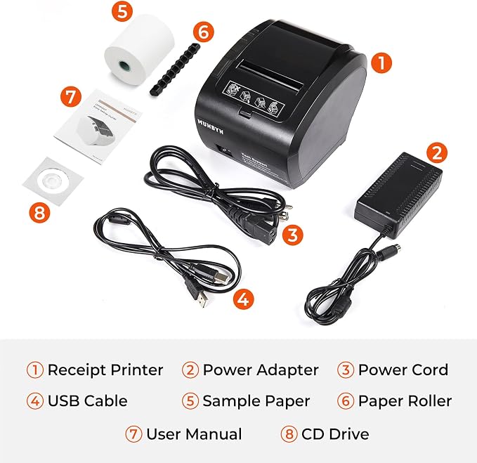 MUNBYN POS Printer, Receipt Printer USB Ethernet 80MM Thermal Printer P047, Impresora térmica, Black Supermarket POS Kitchen Printer with Auto Cutter Support Cash Drawer ESC/POS Windows System