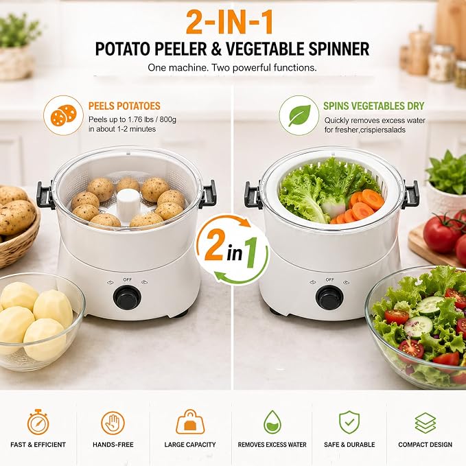Electric Potato Peeler, 2-in-1 Automatic Peeling Machine/Vegetable Dehydrator, 85W One-Button Drive Potato Peeler Spinner for Home Kitchen Fast Food Stores Restaurant