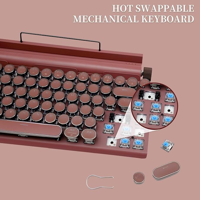 Adventurers Retro Typewriter-Style Mechanical Keyboard, 83 Keys, 75% Compact Layout, Bluetooth 5.0 and Wired, Hot-Swappable Blue Switch, White Backlit for Windows/Mac/iPad/PC/Laptop (Rose Red)