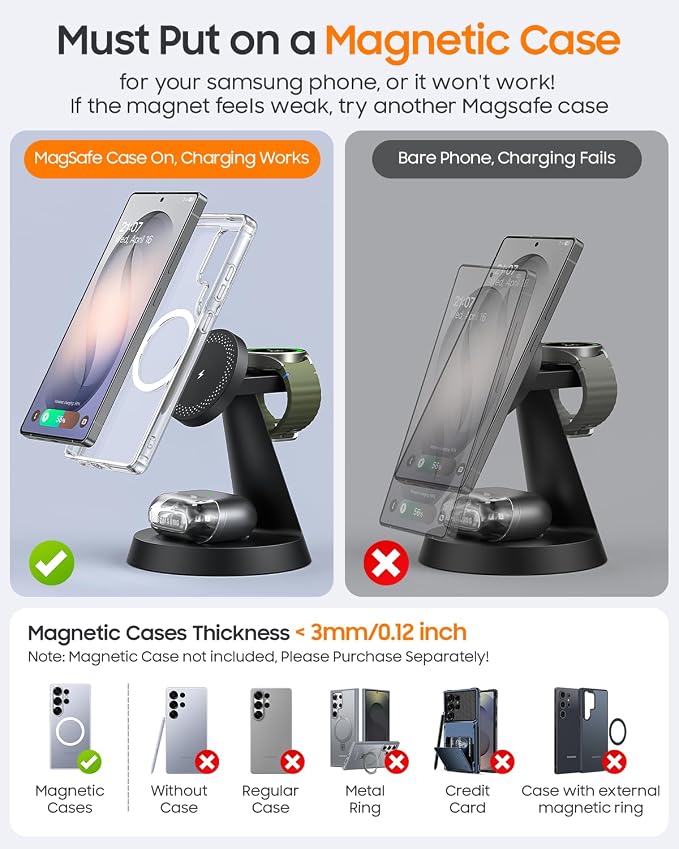 Meifigno Magnetic Wireless Charger for Samsung, 3 in 1 Charging Station Compatible with MagSafe Samsung Charger for Galaxy S26 Ultra S25 Z Fold7/Flip7, Charger Stand for Galaxy Watch Ultra 8, for Buds
