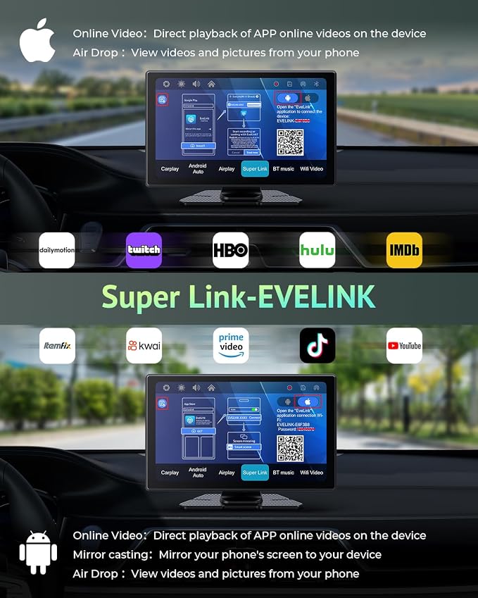 Carplay Screen for Apple CarPlay & Android Auto for Car with 4K Dash Cam,Backup Camera,Portable 9" HD IPS Screen for Car,GPS Navigation,Bluetooth,AirPlay,AUX/FM for All Vehicles