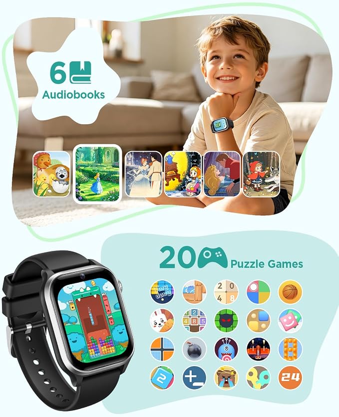 Smart Watch for Kids NO APP/Phone, 1.52" Fitness Tracker Watch Pedometer, Heart Rate, Flashlight, Video Camera, Puzzle Games, Sleep Monitor, IP68 Waterproof, Gift for Boys Girls 5-16,Black