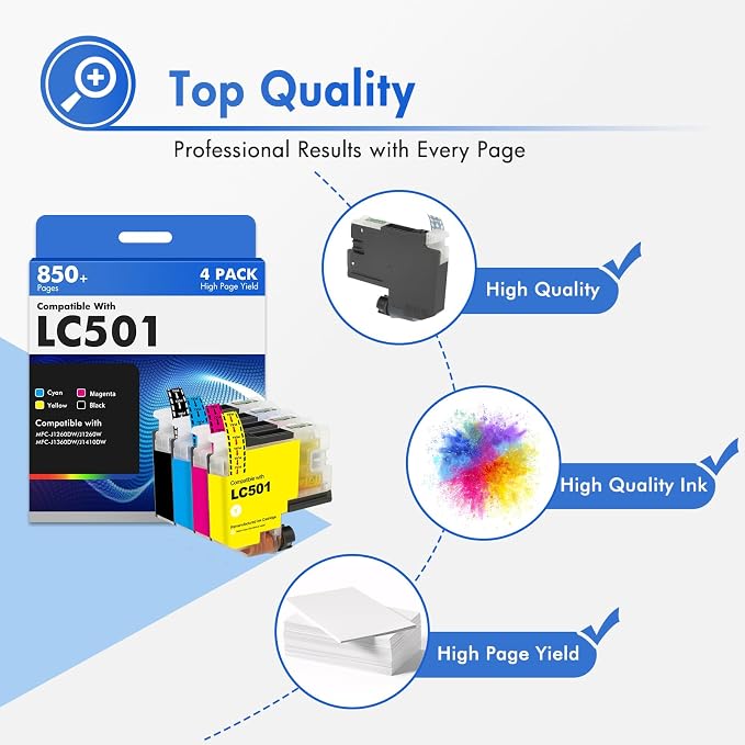 LC501 MFC-J1360DW Ink Cartridges for Brother Printer LC501XL LC 501 Series Inks for Brother Work Smart 1360 MFC-J1260W MFC-J1260DW MFC-J1410DW MFCJ1360DW MFC J1360DW (4Pack Black Cyan Magenta Yellow)