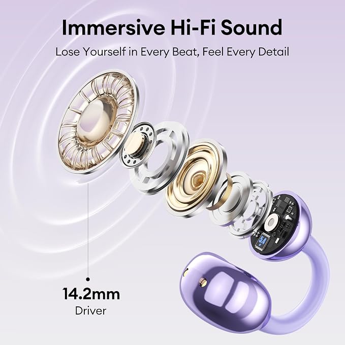 PAXA Stylish Open Ear Clip On Earbuds with Removable Butterfly Earring, Clip On Headphones with LCD Touch Screen, Fashionables Open Ear Headphones for Women, Butterfly Earring Purple Earbuds