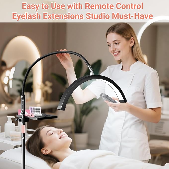 LIONVISON Half Moon Lash Light: 6500K LED Lamp Ring Light with Tray - 360° Flexible Gooseneck Durable Metal Stand - Salon Use for Lash Artists Eyelash Extensions (23In Black)