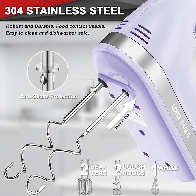 Lord Eagle Hand Mixer Electric Handheld 400W, 5-Speed Lightweight Kitchen Mixer with Storage Case, 5 Stainless Steel Attachments for Baking Cake Egg Cream Food Beater, Turbo+Eject Button, Purple