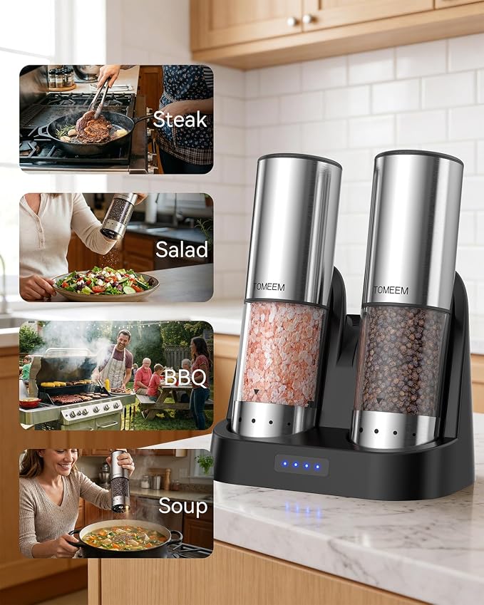 TOMEEM Rechargeable Electric Salt and Pepper Grinder Set, 115ml Large Capacity Stainless Steel Automatic Pepper Mill with Storage Base, LED Display and Light