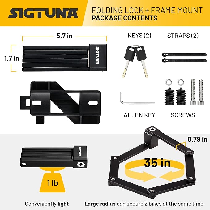 SIGTUNA Folding Bike Lock - Hardened Steel 8mm Fold-Up Heavy Duty Bike Lock with Easy Mounting, Secure Lock and Anti-Scratch Coating - Easily Keep Bike Secure and Paintwork Undamaged - Bicycle Lock