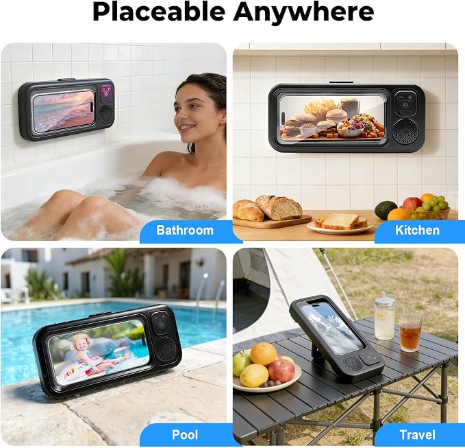 Waterproof Shower Phone Holder with Bluetooth Speaker Ipx5 360 Rotatable Suction Cup Wall Mount Universal for All Smartphones