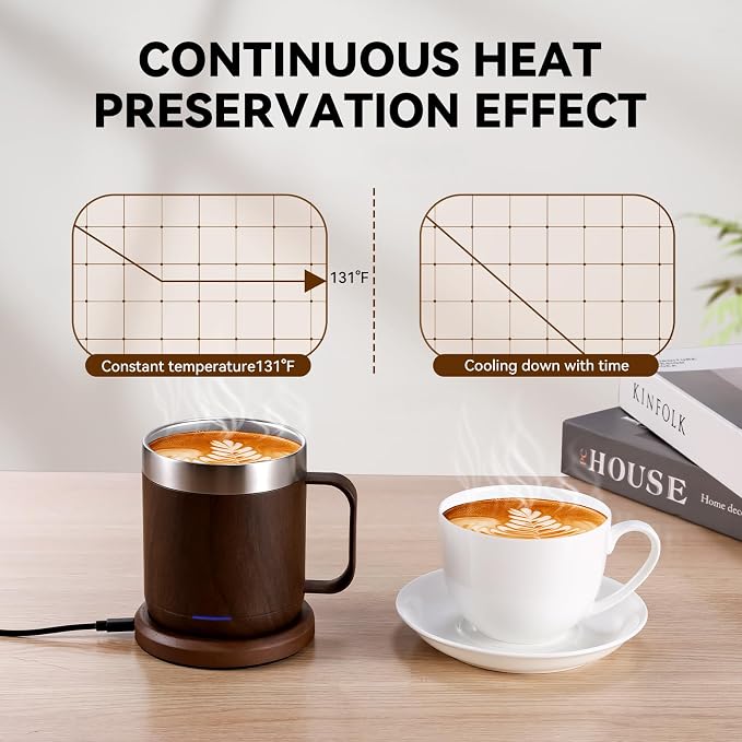 Gifts for Women Men, Heated Coffee Mug Up to 149°F, Ideal Gifts for Christmas, Birthday, Mother's Day, Father's Day or Any Occasion (12oz Wood)