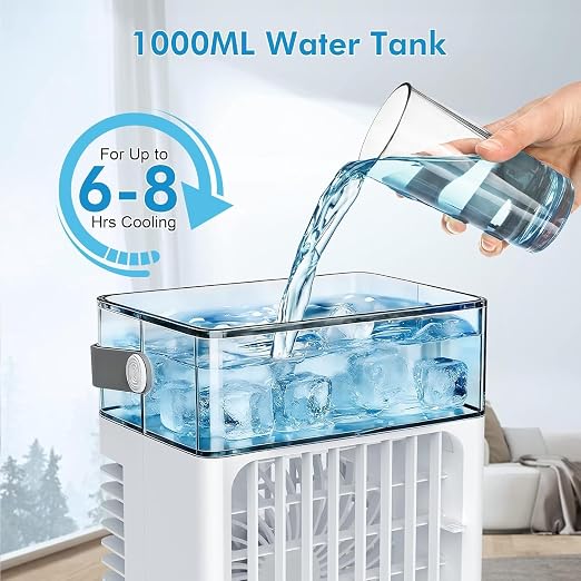 Portable Air Conditioners, 4-Speed Mini Air Conditioner, 3-in-1 Personal Cooling Fan, Small AC Unit with 1000ml Water Tank, 2/4/6H Timer, USB Powered (5V 2A Adapter Included) for Bedroom Office Desk