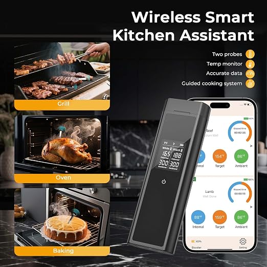 BlueSwan Bluetooth Meat Thermometer Digital, Food Thermometer Wireless 820 ft Range with 2 Color Probes with APP for Grill, Smoker, Oven, Magnetic Design for Cooking, BBQ, Birthday Gifts for Men Dad